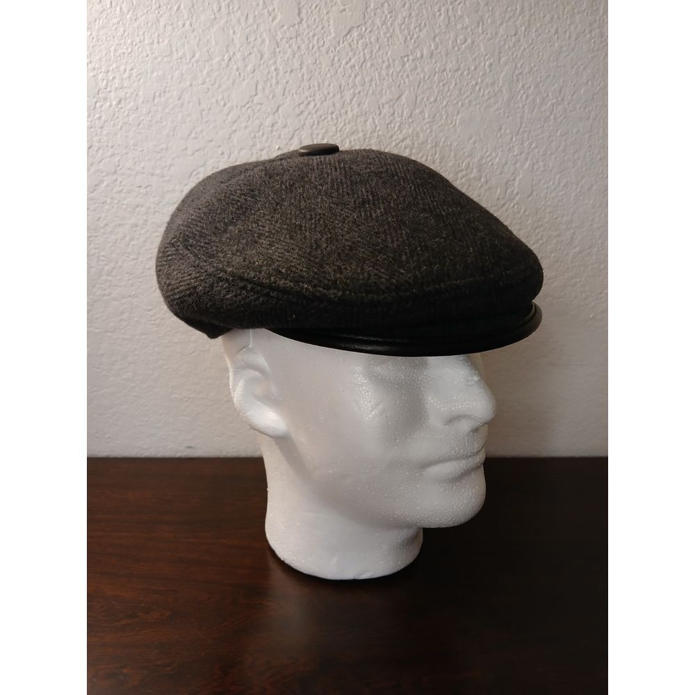 Charcoal Grey Herringbone Newsboy Flat Cap Ear Flaps Wool‎ Blend Ivy Hat Sz L